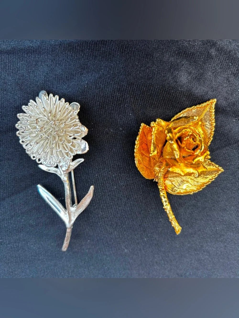 Signed Microns Pin Brooch Gold Tone Foiled Rose & Large Wired Sunflower Brooch